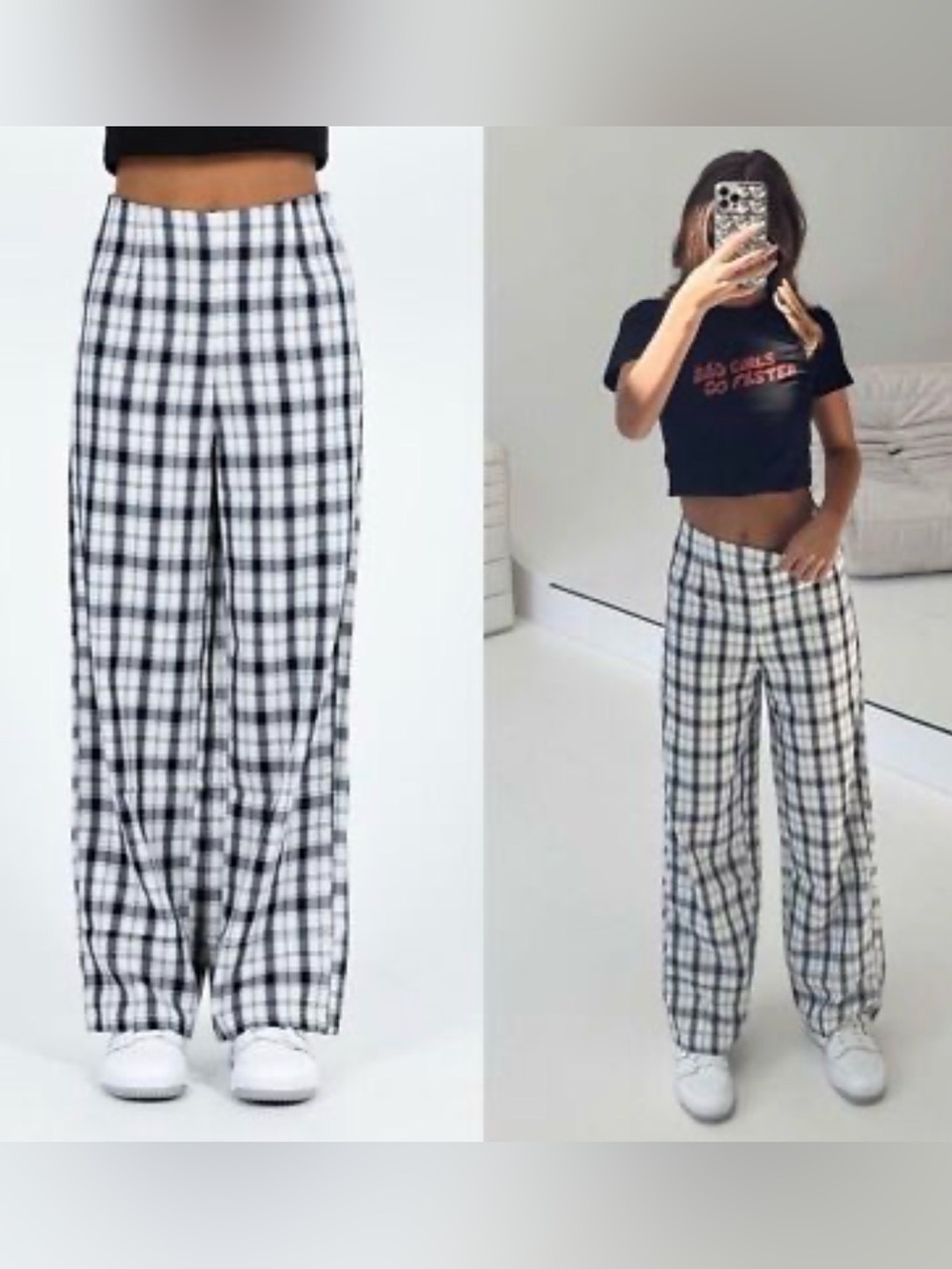 Princess Polly Black & White Plaid Wide-Leg Pants